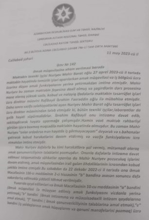 Cəlilabadda direktor çirkin oyunlarla məktəb işçisini şərlədi - FOTO Cəlilabadda direktor çirkin oyunlarla məktəb işçisini şərlədi - FOTO