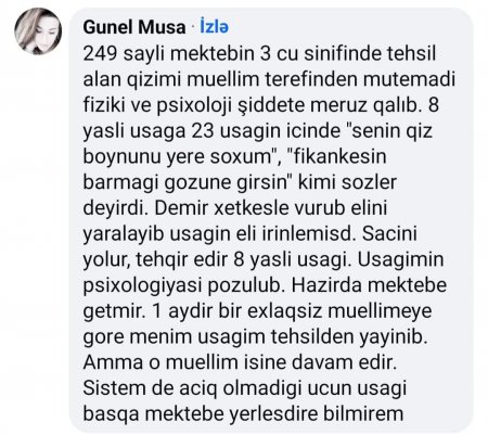 249 nömrəli tam orta məktəbdə psixi və fiziki şiddət!